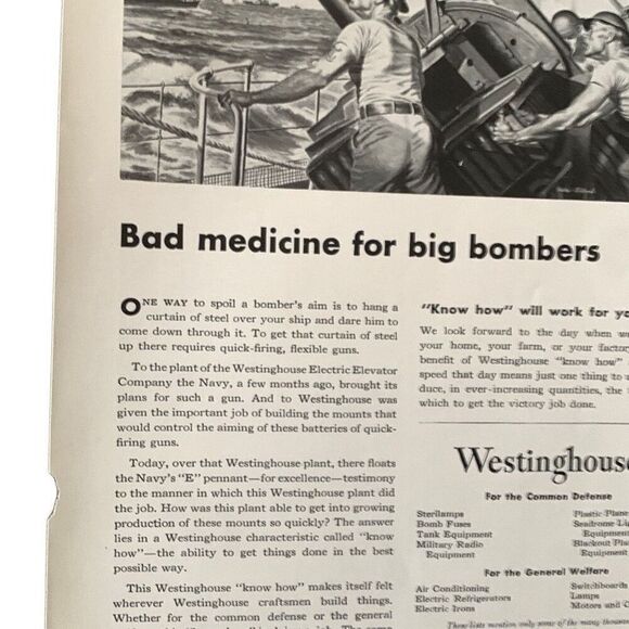 Vintage 1941 Westinghouse Medicine for Big Bombers Ad Advertisment - Picture 1 of 5
